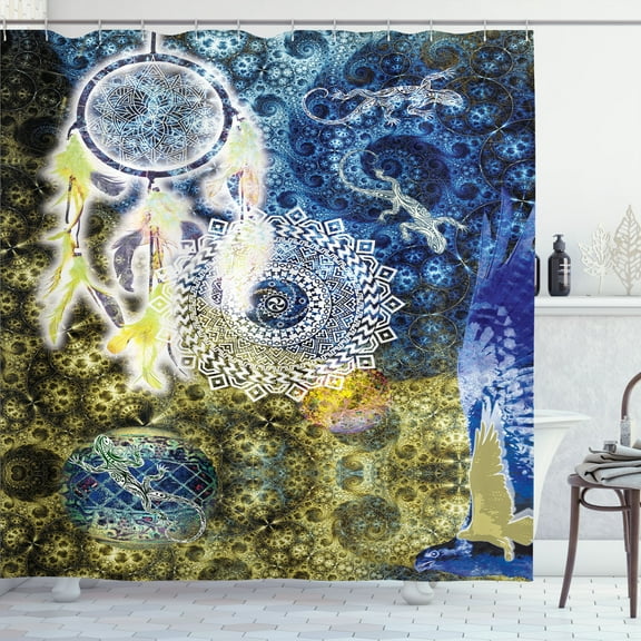 Ambesonne Native Shower Curtain, Old American Dreamcatcher, 69"Wx70"L, Indigo and Pale Yellow