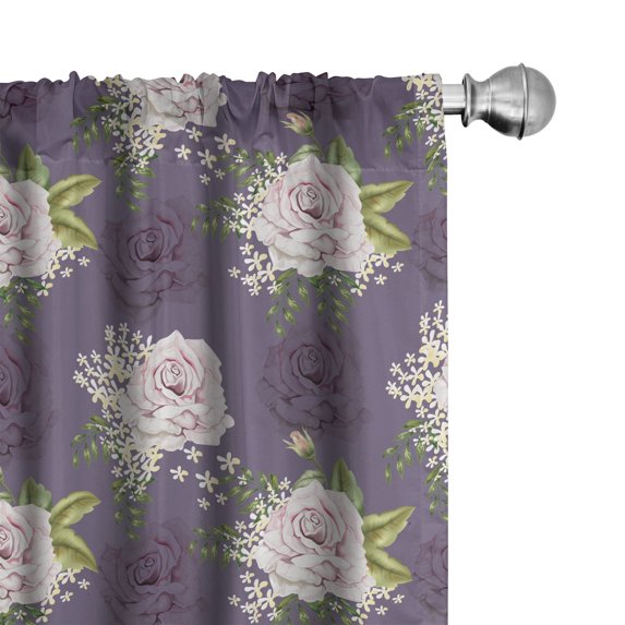 Ambesonne Natural Window Curtains, Roses and Little Flowers, Each 28" W x 95" L, Rose and Pale Eggplant