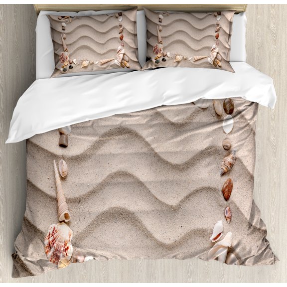 Ambesonne Natural Color Duvet Cover Sets, Seashell Square Frame, 2-King, Pale Tan and Multicolor