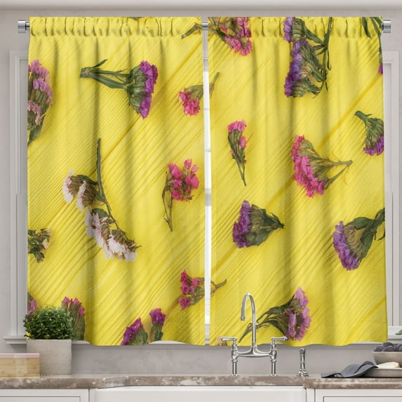 Ambesonne Natural Color Kitchen Curtains, Tender Spring Flowers, 55"x45", Pastel Yellow Multicolor