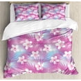 thumbnail image 1 of Ambesonne Natural Duvet Cover Sets, Frangipani Hibiscus Flowers, 2-Queen, Hot Pink and White, 1 of 1