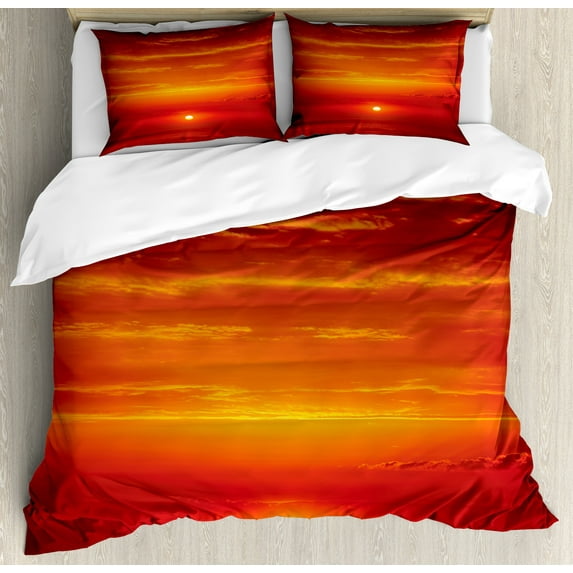 Ambesonne Natural Duvet Cover Sets, Morning Sunrise Ocean, 2-King, Orange Red Purple
