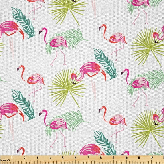 Ambesonne Natural Fabric by the Yard Microfiber, Exotic Flamingos and Palms, 2 Yards, Hot Pink and Apple Green