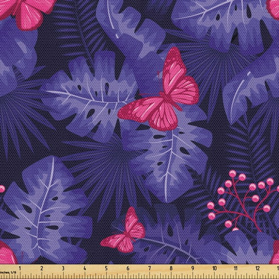 Ambesonne Natural Fabric by the Yard Upholstery, Butterflies with Plants, 1 Yard, Indigo Hot Pink and Violet