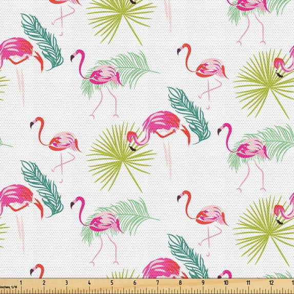 Ambesonne Natural Fabric by the Yard Upholstery, Exotic Flamingos and Palms, 1 Yard, Hot Pink and Apple Green