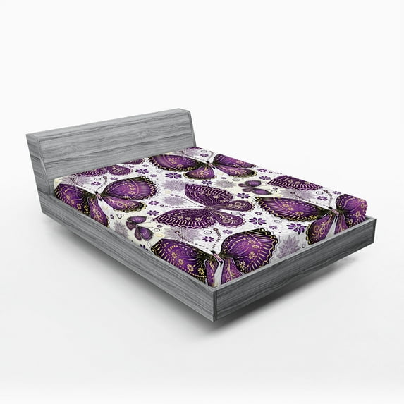 Ambesonne Natural Fitted Sheet, Butterflies with Paisley, California King, Purple White Lilac