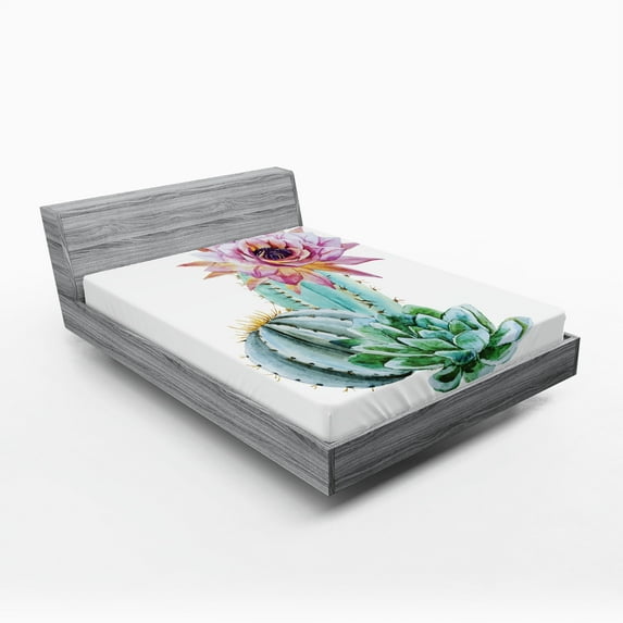 Ambesonne Natural Fitted Sheet, Cactus Flower and Spike, Queen Size, Pink Green and Blue