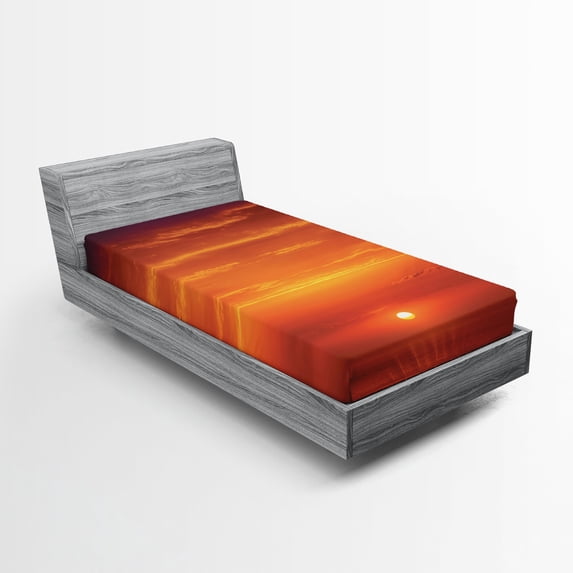Ambesonne Natural Fitted Sheet, Morning Sunrise Ocean, Twin XL Size, Orange Red Purple