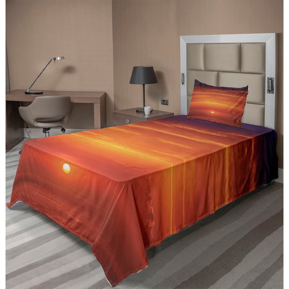Ambesonne Natural Fitted & Top Sheet Set with Sham, Morning Sunrise Ocean, Orange Red Purple