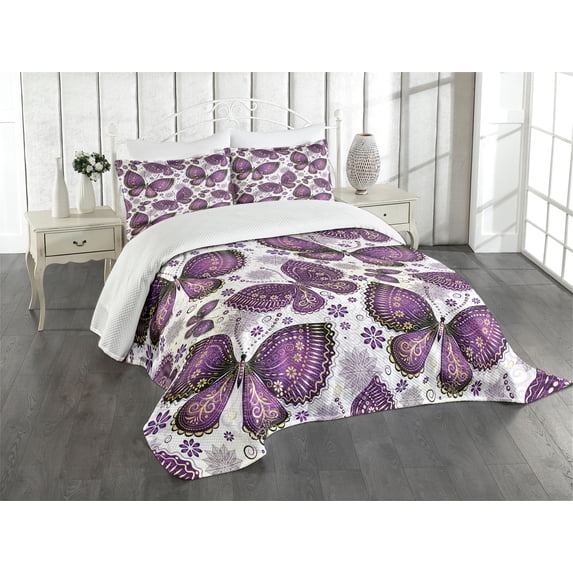 Ambesonne Natural Quilted Bedspread Set 3 Pcs, Butterflies with Paisley, King Size, Purple White Lilac