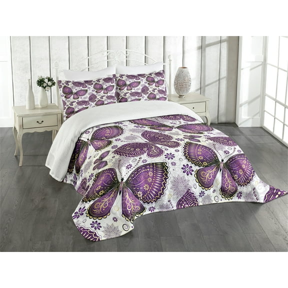 Ambesonne Natural Quilted Bedspread Set 3 Pcs, Butterflies with Paisley, Queen Size, Purple White Lilac
