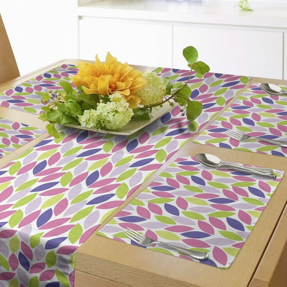 Ambesonne Natural Table Runner & Placemats, Botanic Leaf Pattern, Placemat 4 pcs + Runner 12"x90", Pink Purple Lime Green