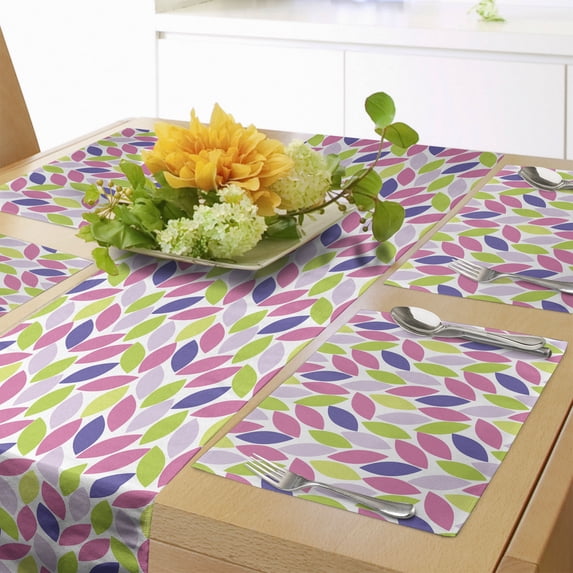 Ambesonne Natural Table Runner & Placemats, Botanic Leaf Pattern, Placemat 4 pcs + Runner 16"x72", Pink Purple Lime Green