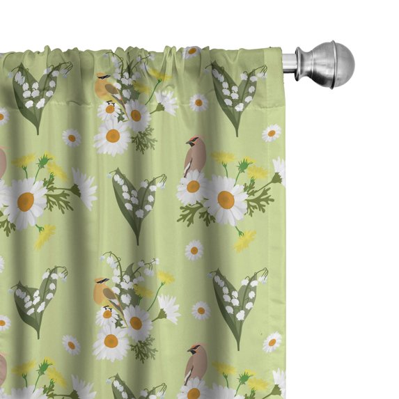 Ambesonne Nature Window Curtains, Flowers and Waxwings Bird, Each 28" W x 95" L, White Olive Green