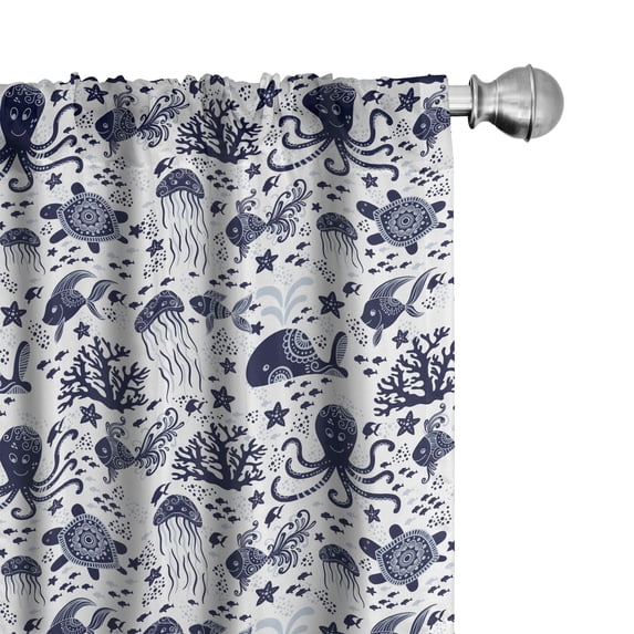 Ambesonne Nature 4-Panel Curtains, Ornament Nautical Creatures, 56"x63", Indigo White