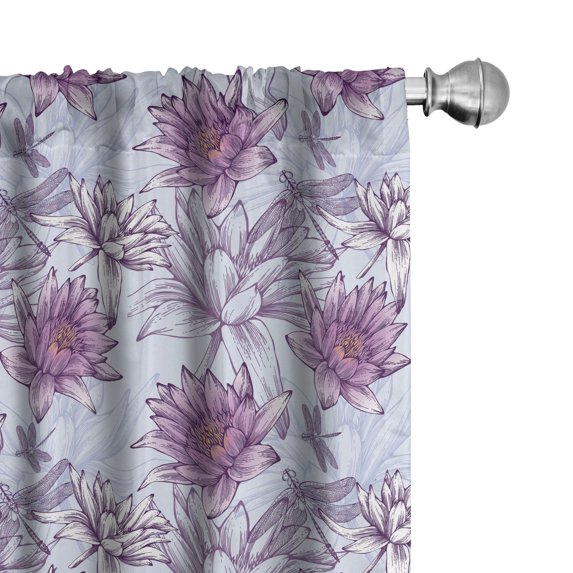 Ambesonne Nature 4-Panel Curtains, Water Lilies and Drogonflies, 56"x95", Pale Blue Pale Purple
