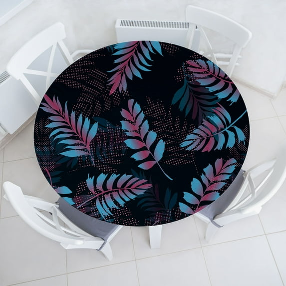 Ambesonne Nature Abstract Fitted Round Tablecloth, Foliage at Night, 36"- 40" Diameter, Raspberry Pale Blue Black