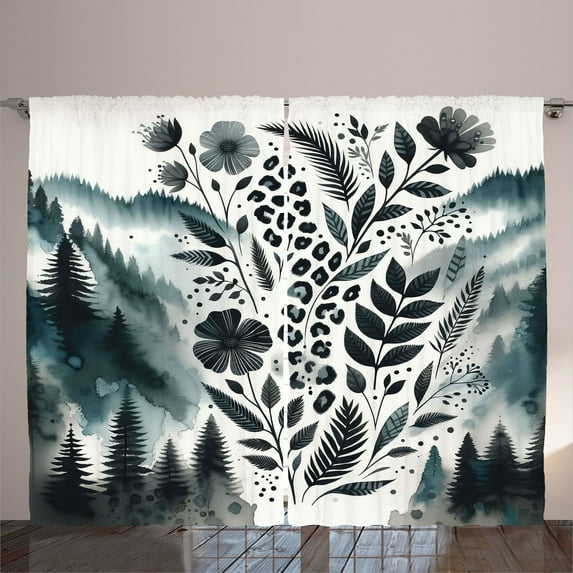 Ambesonne Nature Art Curtains 2 Panel Set, Mountains Nordic Floral, 108" x 108", Dark Petrol Blue White