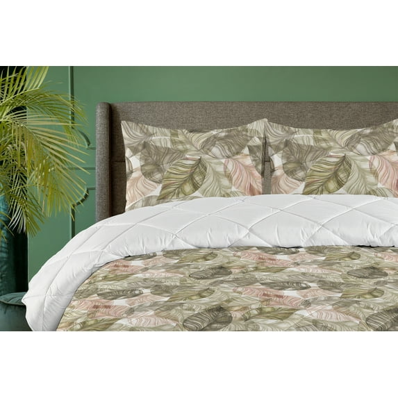 Ambesonne Nature Art Down Alternative Quilt Comforter, Forest Line Art Leaves, Queen, Sage Green and Pale Rose