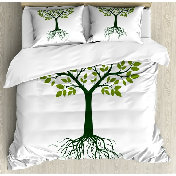Ambesonne Nature Art Duvet Cover Sets, Greenish Tree Art Motif, 2-Queen, White Emerald Olive Green