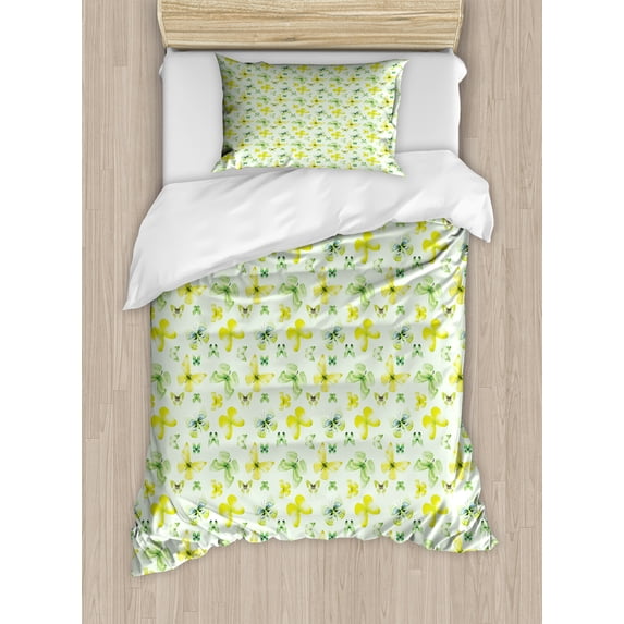 Ambesonne Nature Art Duvet Cover Sets, Outdoor Natural Insects, 2-Twin, Fern Green and Yellow Green