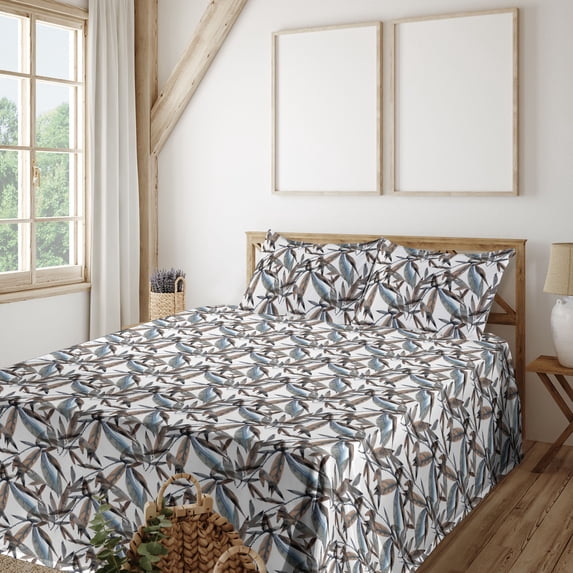 Ambesonne Nature Art Fitted & Flat Sheet with Sham 3 Pcs Set, Leaf Print Modern Art, Twin, Taupe Grey and Cadet Blue