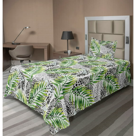 Ambesonne Nature Art Fitted & Flat Sheet with Sham 3 Pcs Set, Specks and PalmTrees, Twin, Green White Black