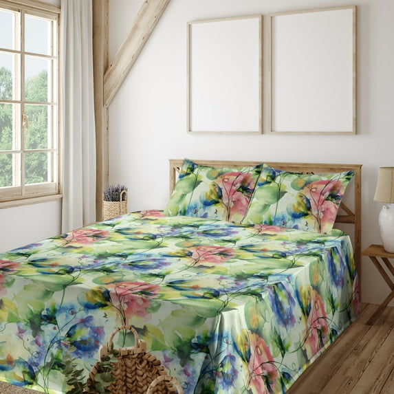 Ambesonne Nature Art Fitted & Flat Sheet with Shams 4 Pcs Set, Garden of Blooms Print, Queen, Pastel Green Lavender
