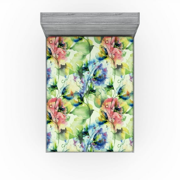 Ambesonne Nature Art Fitted Sheet, Garden of Blooms Print, Full Size, Pastel Green Lavender