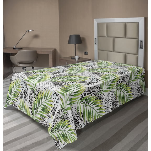Ambesonne Nature Art Flat Bedding Sheet Soft Top Sheet, Specks and PalmTrees, Twin, Green White Black