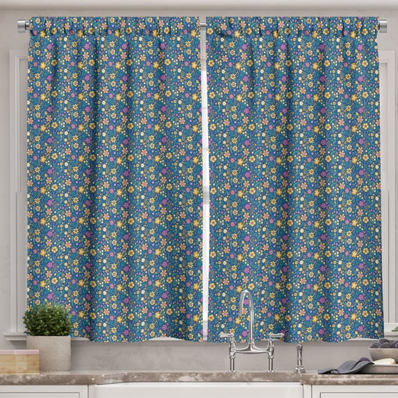 Ambesonne Nature Art Kitchen Curtains, Meadow Blossoms Flourish, 55"x45", Marigold and Pink