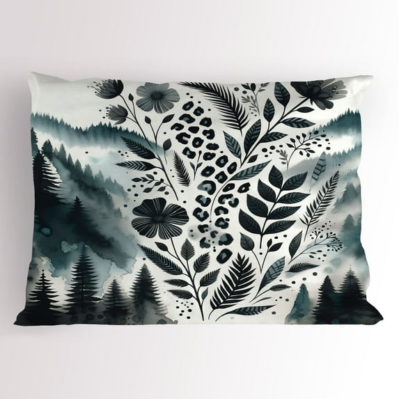 Ambesonne Nature Art Pillow Sham, Mountains Nordic Floral, 26" X 20", Dark Petrol Blue White
