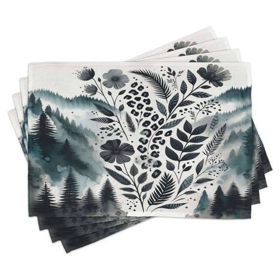 Ambesonne Nature Art Place Mats Set of 4, Mountains Nordic Floral, Standard Size, Dark Petrol Blue White