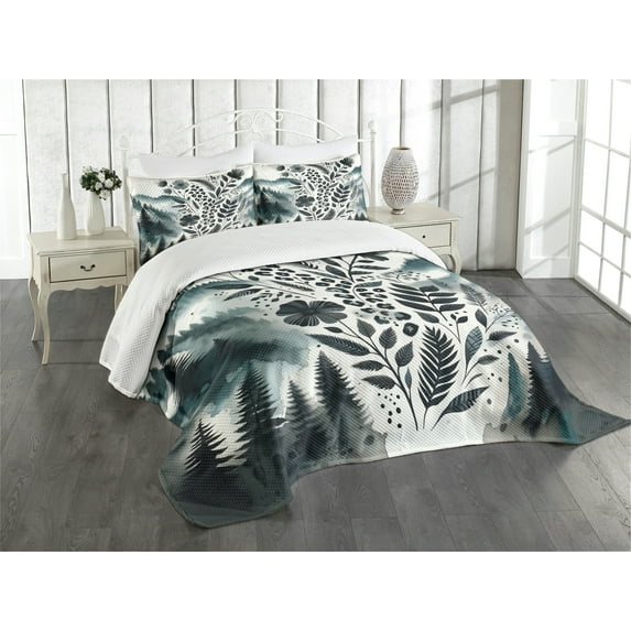 Ambesonne Nature Art Quilted Bedspread Set 3 Pcs, Mountains Nordic Floral, Queen Size, Dark Petrol Blue White