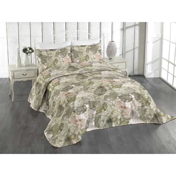 Ambesonne Nature Art Quilted Coverlet 3 Pcs, Forest Line Art Leaves, King Size, Sage Green and Pale Rose