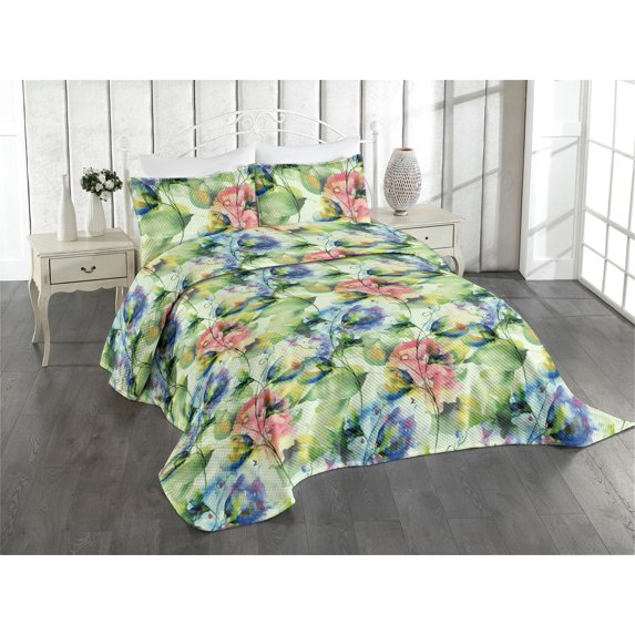 Ambesonne Nature Art Quilted Coverlet 3 Pcs, Garden of Blooms Print, King Size, Pastel Green Lavender