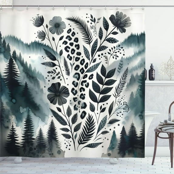 Ambesonne Nature Art Shower Curtain, Mountains Nordic Floral, 69"Wx84"L, Dark Petrol Blue White