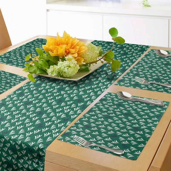 Ambesonne Nature Art Table Runner & Placemats, Tropical Herbs Motifs, Placemat 4 pcs + Runner 14"x72", Forest Green White