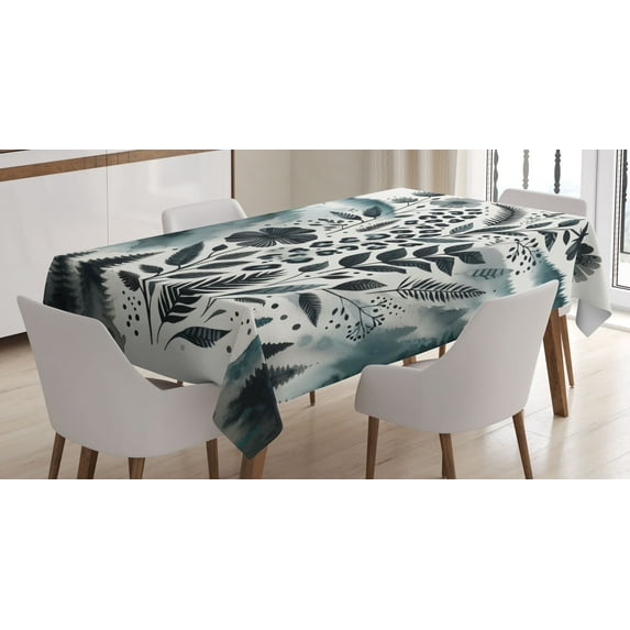 Ambesonne Nature Art Tablecloth Rectangular Table Cover, Mountains Nordic Floral, 52"x70", Dark Petrol Blue White