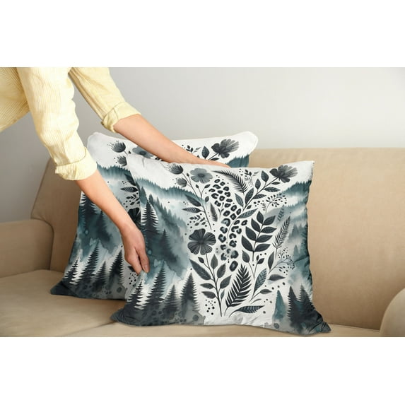 Ambesonne Nature Art Throw Pillow Cover Pack of 2, Mountains Nordic Floral, 2 Pcs-26"x16", Dark Petrol Blue White