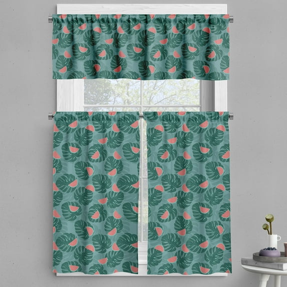 Ambesonne Nature Art Valance & Curtain, Palm Leaves Watermelons, 55"x36", Green and Coral