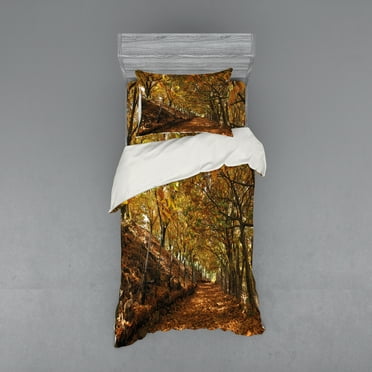 Ambesonne Nature Bedding Set 3 Pcs, Autumn Foliage Forest, Twin, Brown Amber Marigold