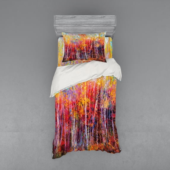 Ambesonne Nature Bedding Set 3 Pcs, Autumn Forest Painting, Twin XL, Orange Yellow