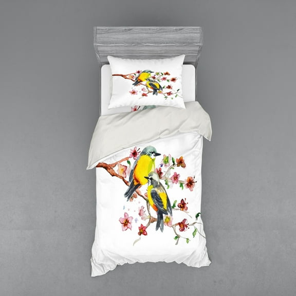 Ambesonne Nature Bedding Set 3 Pcs, Birds on the Branches, Twin, Brown and Yellow