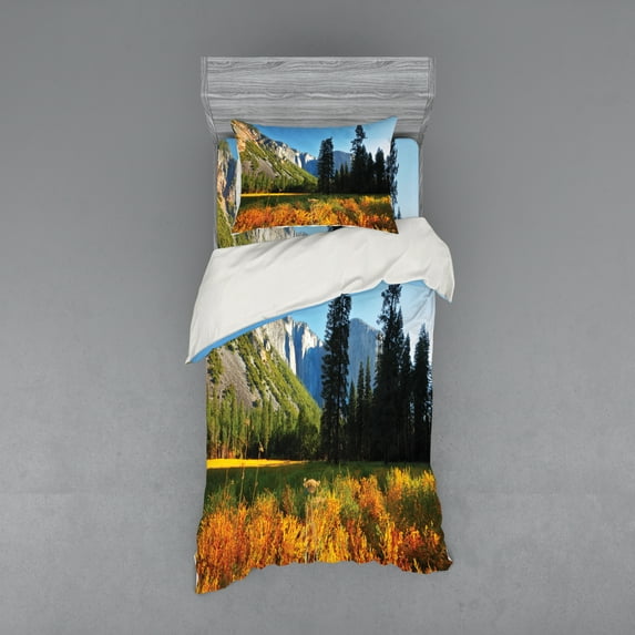 Ambesonne Nature Bedding Set 3 Pcs, Birds over Mountains, Twin, Orange Blue Green