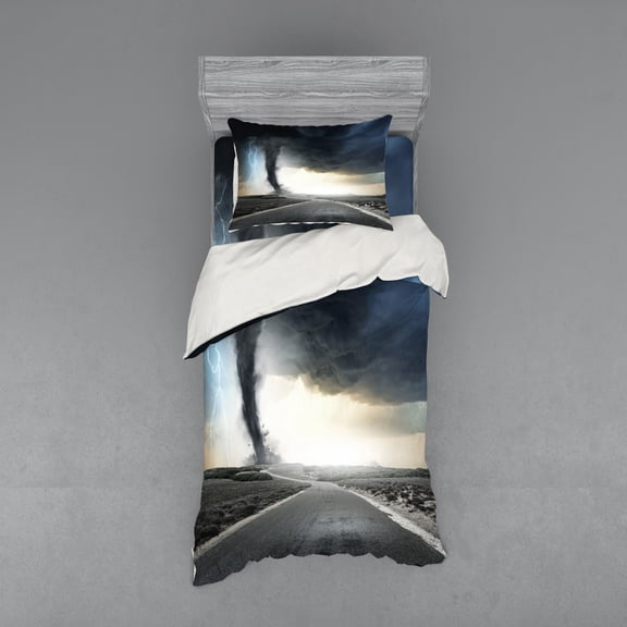 Ambesonne Nature Bedding Set 3 Pcs, Black Tornado Funnel Gas, Twin XL, Grey