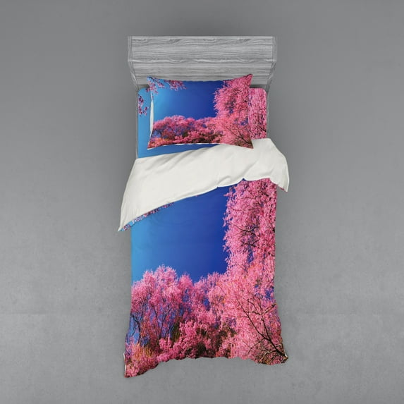Ambesonne Nature Bedding Set 3 Pcs, Cherry Blossom Trees, Twin, Fuchsia Blue