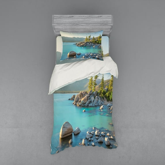 Ambesonne Nature Bedding Set 3 Pcs, Countryside Lake Beach, Twin XL, Blue Grey