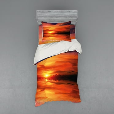 Ambesonne Nature Bedding Set 3 Pcs, Dramatic Sunset Lake, Twin, Red Vermilion Marigold