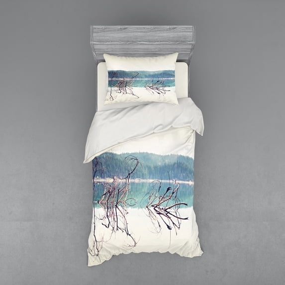 Ambesonne Nature Bedding Set 3 Pcs, Fallen Tree in Beach, Twin, Cream Green